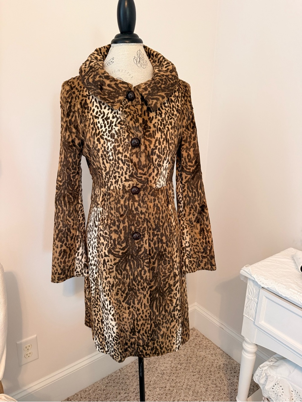 Leopard Print Faux Fur Trench Coat - Brown